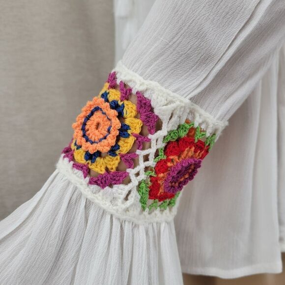 The Line Of Style White Bohemian Flowy Cold Shoulder Top with Colorful Chrochet - Picture 3 of 8